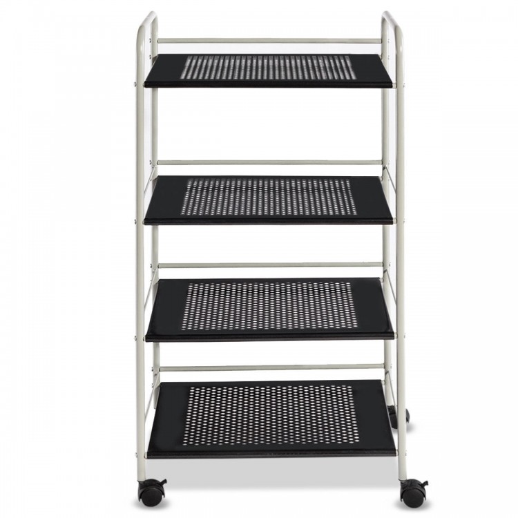 4-tier rolling cart storage rack with rust-resistant steel, featuring guardrails and lockable casters for easy mobility.