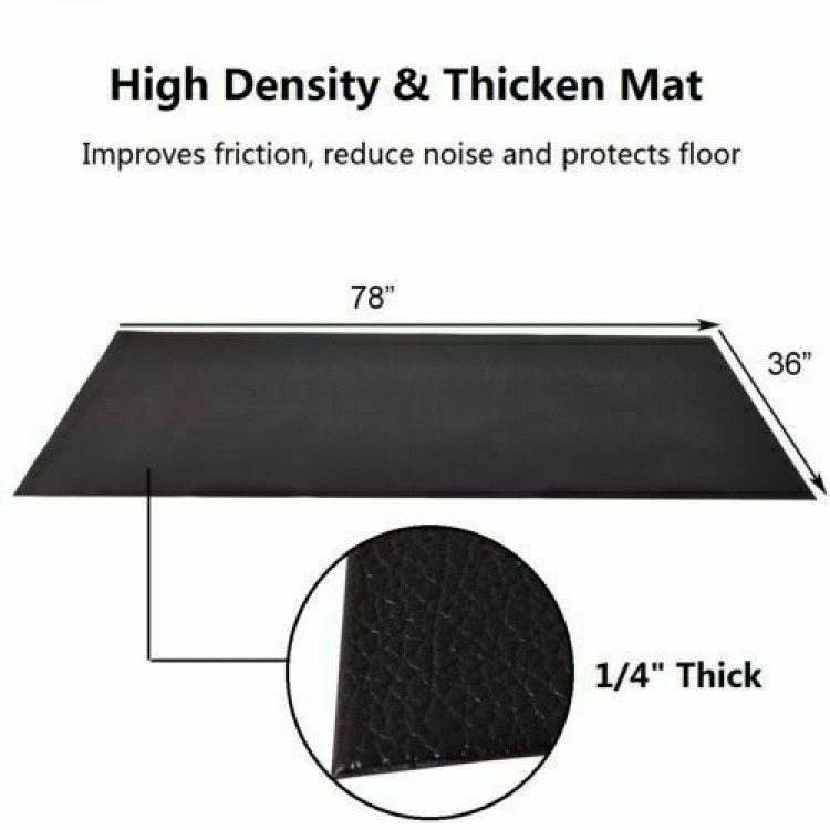 High density black PVC equipment mat, 78 x 36 x 0.25 inches, reduces noise and protects floors during workouts.