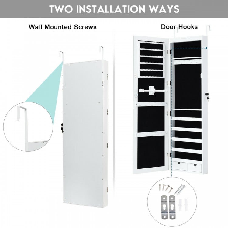 Door mounted lockable mirrored jewelry cabinet with LED lights, featuring velvet liner and multiple storage options for.