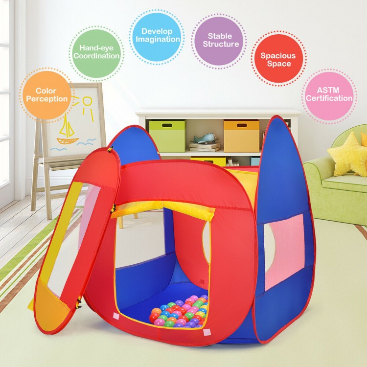 Colorful portable kid play house tent with mesh windows and 100 balls, perfect for imaginative play at home or outdoors.