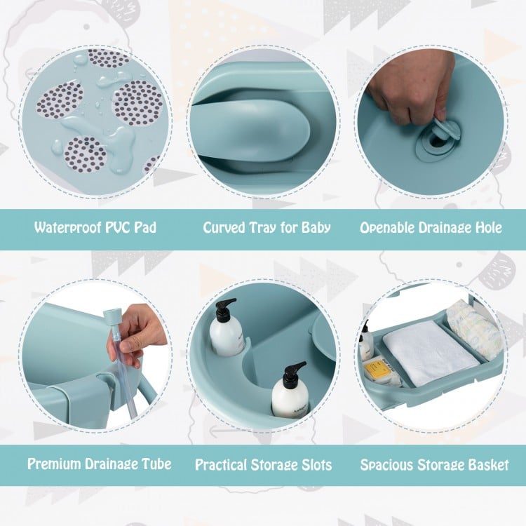 Folding baby changing table with bathtub, waterproof PVC pad, open drainage hole, and spacious storage basket in blue.