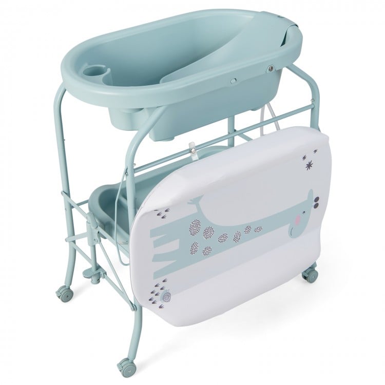 Folding baby changing table with bathtub in blue, featuring 4 wheels, storage basket, and waterproof top pad for easy.