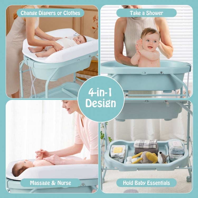 Folding baby changing table with bathtub, blue, featuring 4-in-1 design for diaper changes, bathing, and storage.