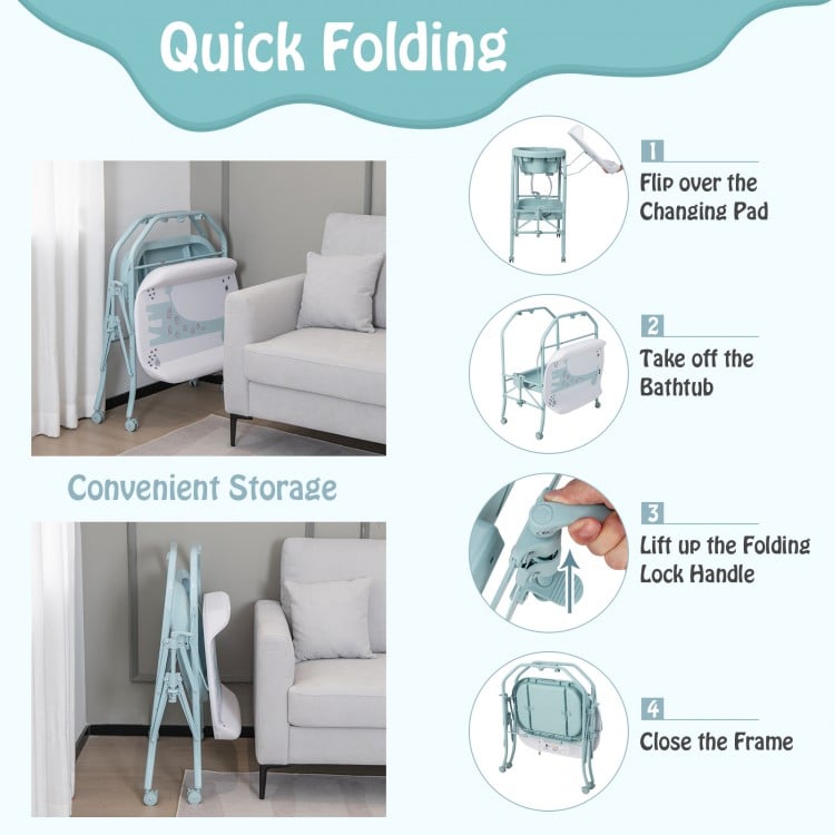 Folding baby changing table with bathtub in blue, featuring 4 wheels and storage for easy diaper changes and bathing.
