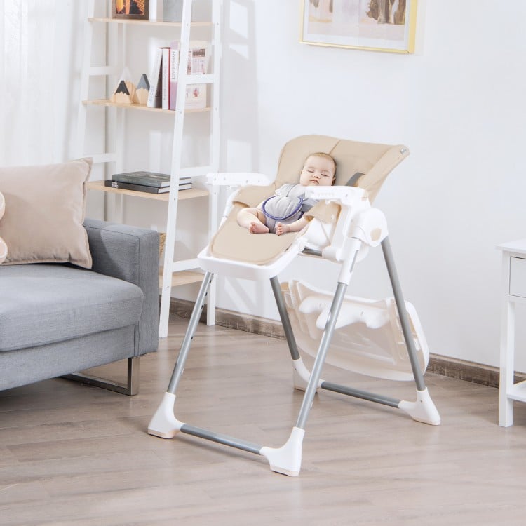 Foldable Baby High Chair with Double Removable Trays and Book Holder-BeigeCostway Gallery View 2 of 11