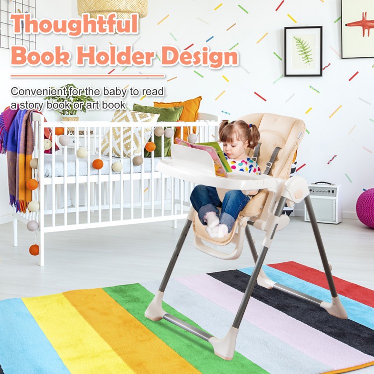 Foldable Baby High Chair with Double Removable Trays and Book Holder-BeigeCostway Gallery View 8 of 11