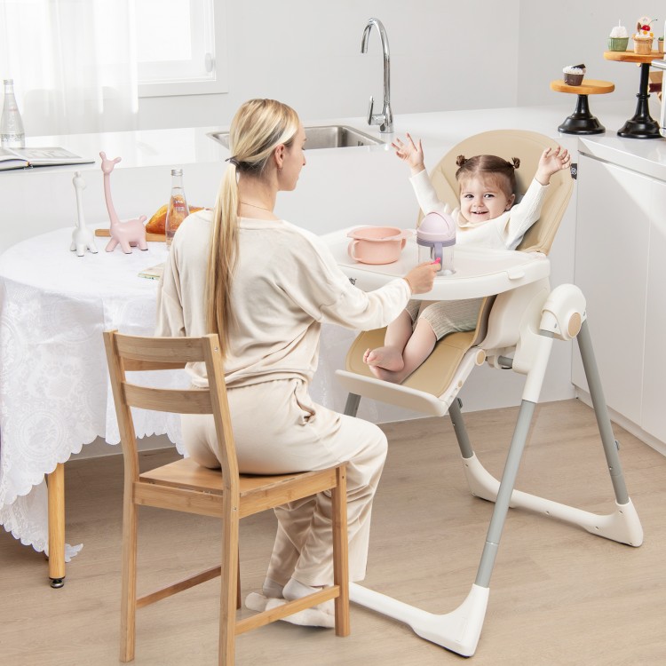 Foldable baby high chair in yellow with adjustable height, reclining angles, and a toy bar for fun during mealtime.