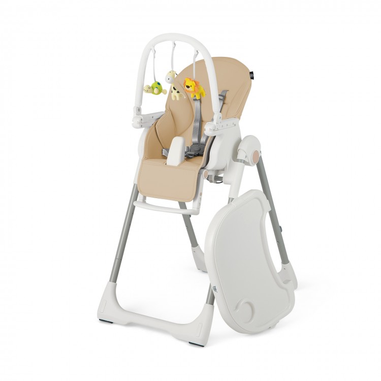 4-in-1 foldable baby high chair in yellow with adjustable heights, reclining angles, and free toy bar for fun.