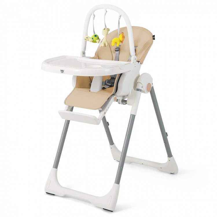 4-in-1 foldable baby high chair in yellow with adjustable heights, reclining angles, and a removable toy bar for fun.