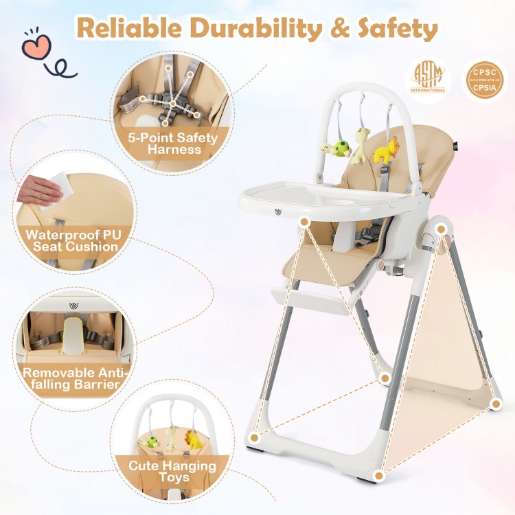 4-in-1 foldable baby high chair in yellow with adjustable heights, removable toy bar, and 5-point safety harness.