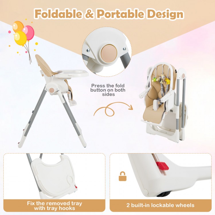 Foldable baby high chair in yellow with removable tray, 7 heights, and lockable wheels for easy transport and storage.