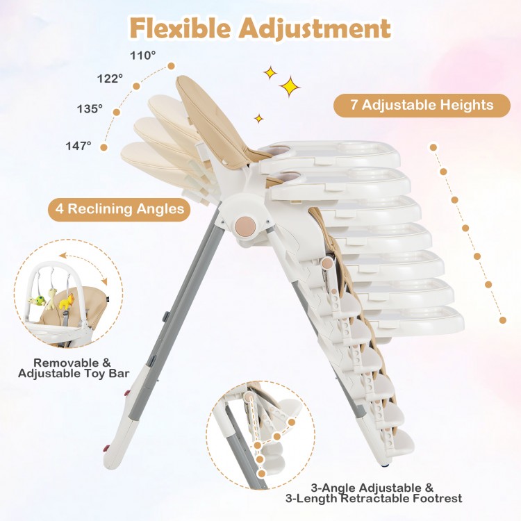 4-in-1 foldable baby high chair in yellow with adjustable heights, reclining angles, and removable toy bar for.