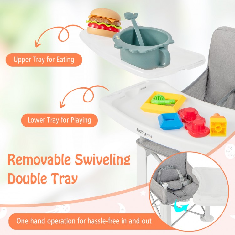 Removable swiveling double tray of the Portable Baby Booster Seat in gray, ideal for eating and playing.