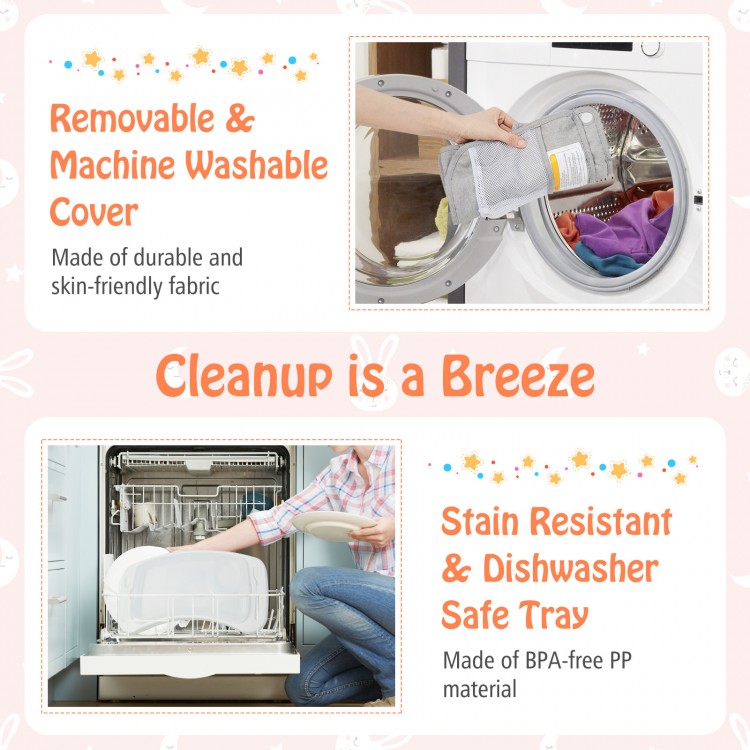 Removable and machine washable cover for Portable Baby Booster Seat with Straps and Double Tray, ideal for easy cleanup.