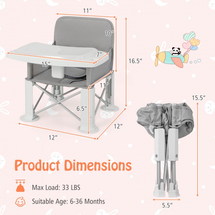 Portable baby booster seat in gray with double tray, designed for ages 6-36 months, ideal for travel and dining.