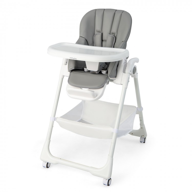 Convertible infant dining chair in gray, featuring smooth, lockable wheels for easy movement and practical storage.