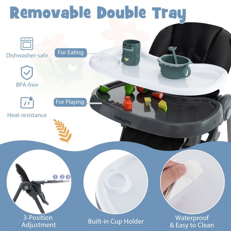 Removable double tray of a black 3-in-1 convertible baby high chair, dishwasher-safe and designed for eating and.