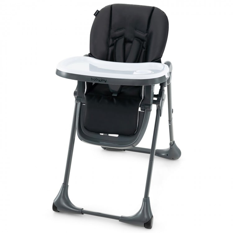 Convertible black baby high chair with adjustable seat heights, removable tray, and 5-point safety harness for toddlers.