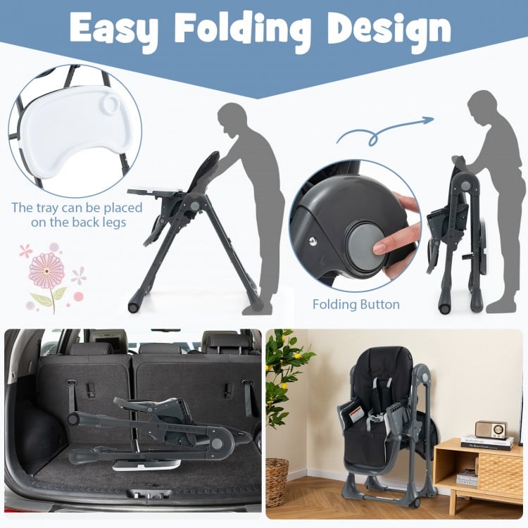 3-in-1 convertible baby high chair in black with easy folding design, adjustable heights, and removable tray for.