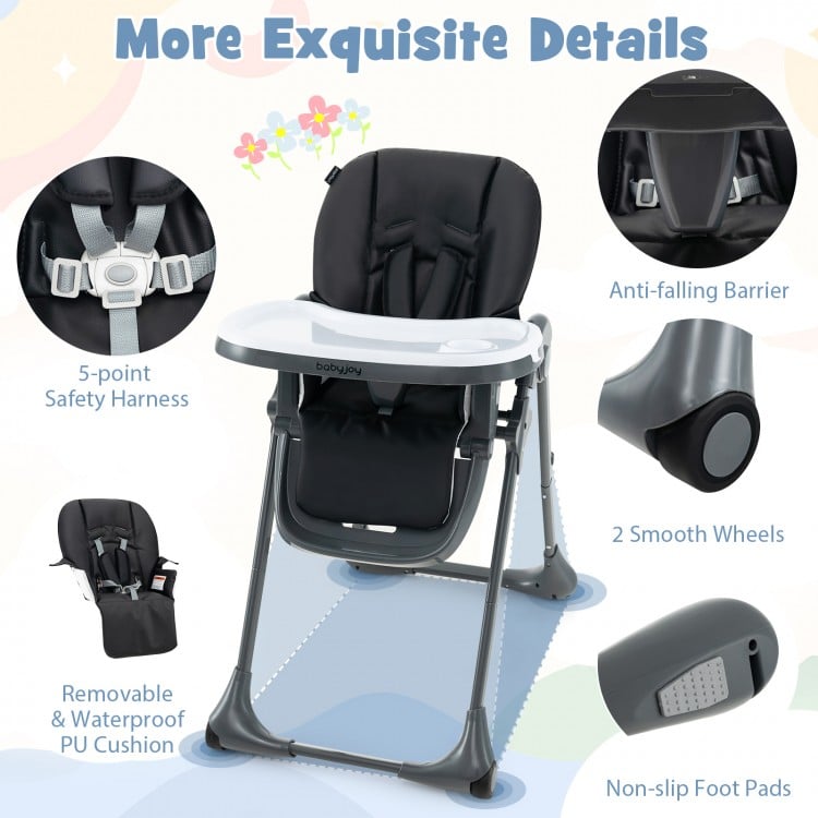 Convertible black baby high chair with adjustable heights, removable PU cushion, and smooth wheels for easy movement.