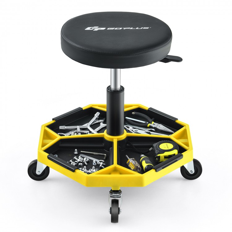 Pneumatic rolling mechanic stool in yellow with padded seat and large tool tray, adjustable height from 16 to 22 inches.