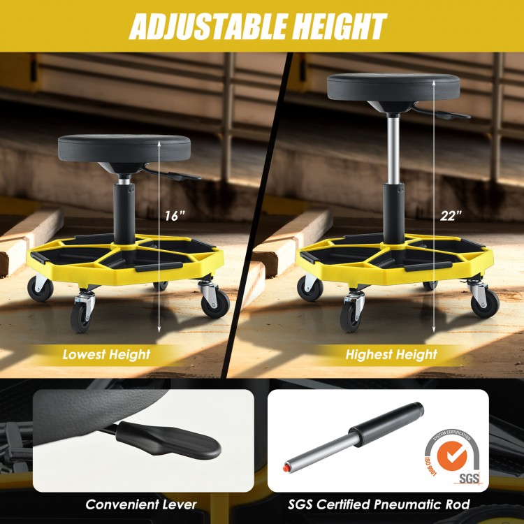 Pneumatic rolling mechanic stool in yellow with adjustable height, padded seat, and large tool tray for convenience.