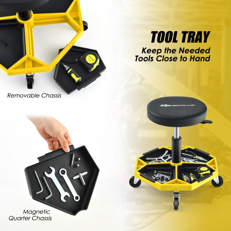 Pneumatic rolling mechanic stool with padded seat, yellow tool tray, and removable chassis for easy tool access.