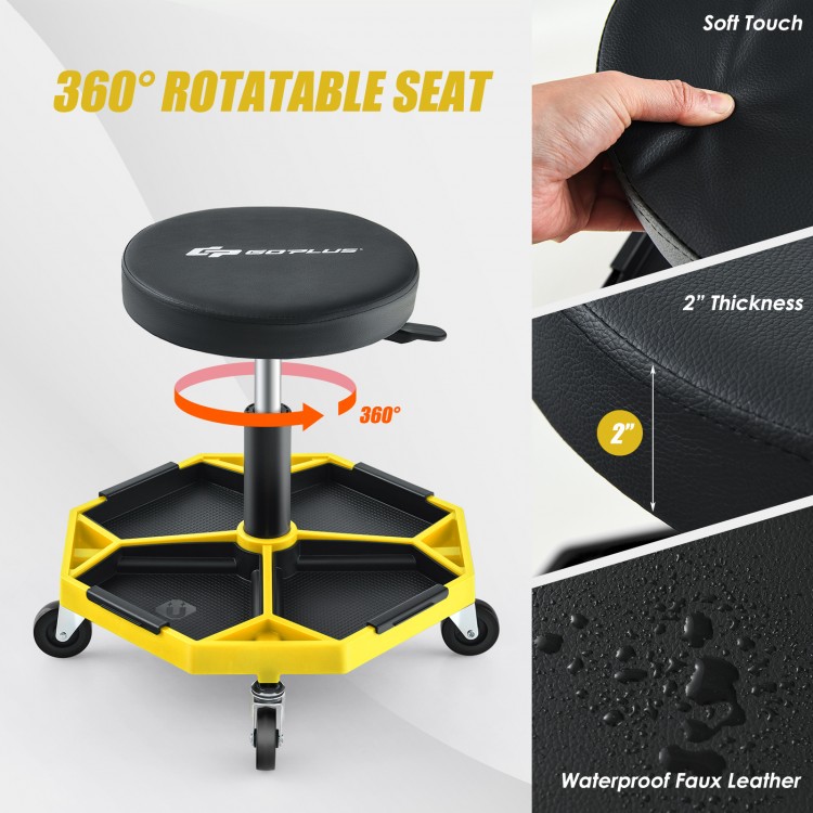 Pneumatic rolling mechanic stool with a 360° rotatable padded seat, waterproof faux leather, and 330 lbs capacity.