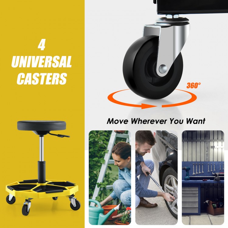 Pneumatic rolling mechanic stool with padded seat, 330 lbs capacity, and 4 universal casters for easy mobility.