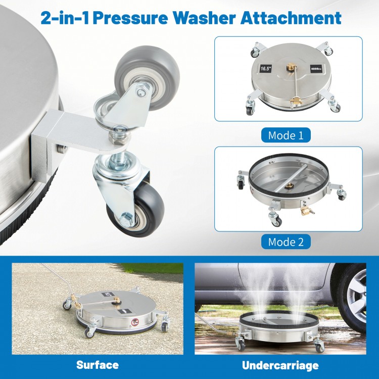 Stainless steel 4000PSI pressure washer surface cleaner with 16.5-inch coverage and 4 casters for flexible operation.