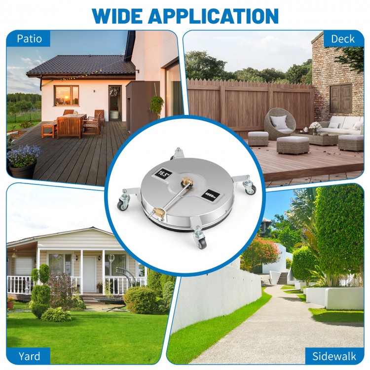 Stainless steel pressure washer surface cleaner with 16.5-inch coverage and casters, ideal for decks and sidewalks.
