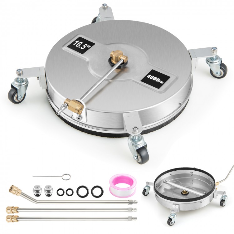 Stainless steel 4000PSI pressure washer surface cleaner with 16.5-inch diameter and 4 casters for easy maneuverability.