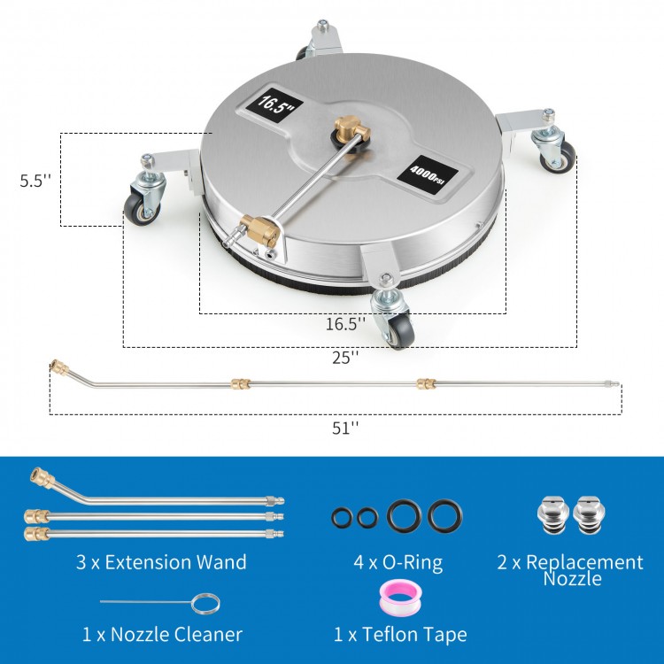 Stainless steel 4000PSI pressure washer surface cleaner with 16.5-inch width, 4 casters, and 180° rotating design for.