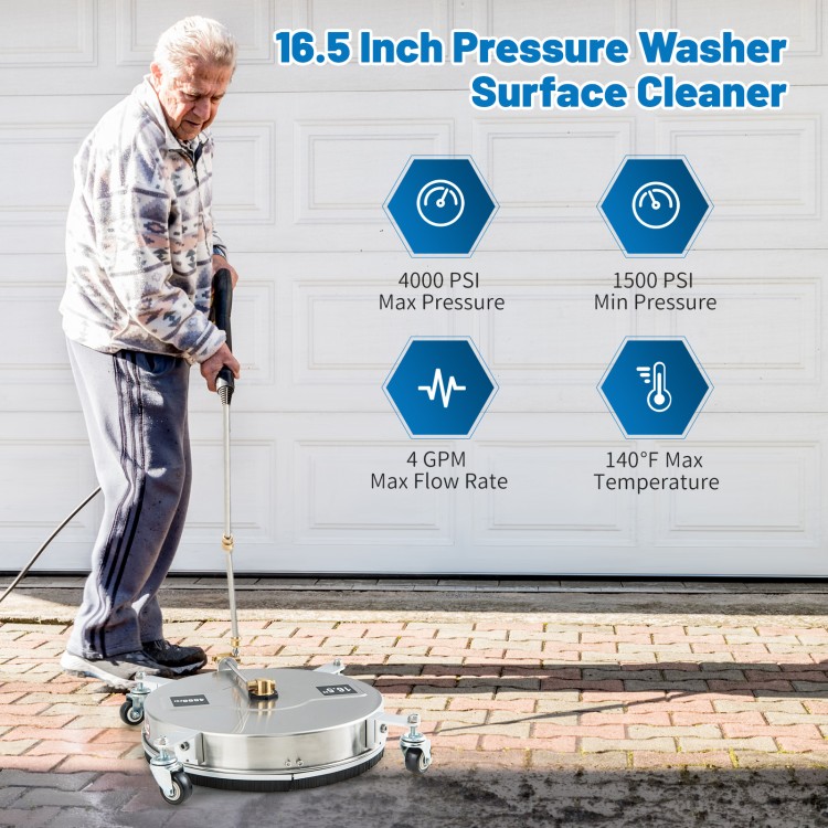 16.5-inch stainless steel pressure washer surface cleaner with casters, ideal for decks and driveways.
