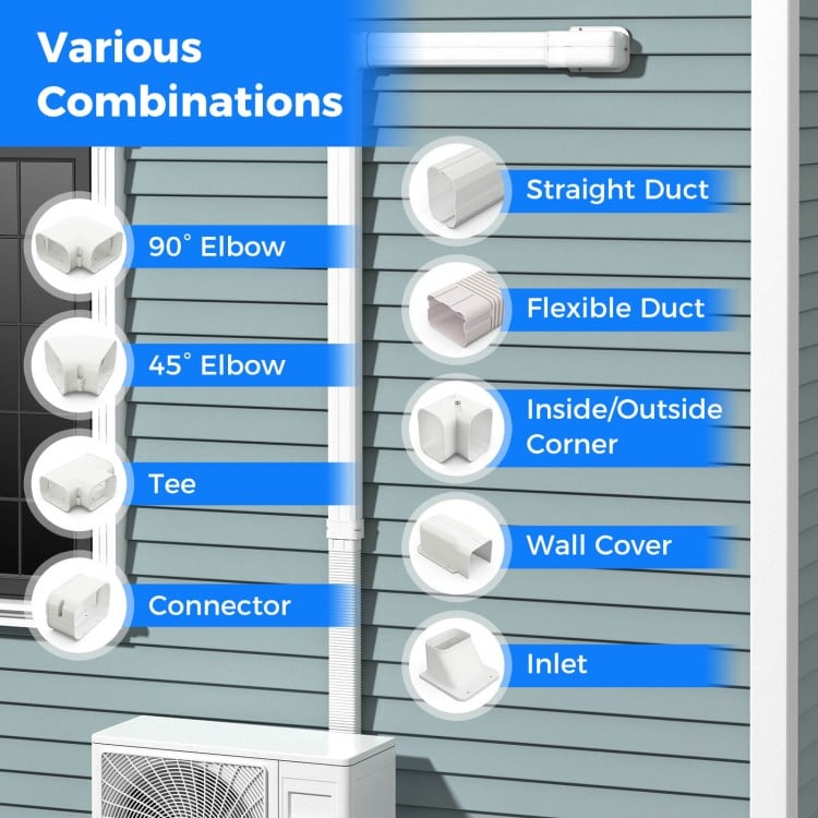 Various PVC duct components including elbows, connectors, and inlets for mini-split air conditioners, ensuring.