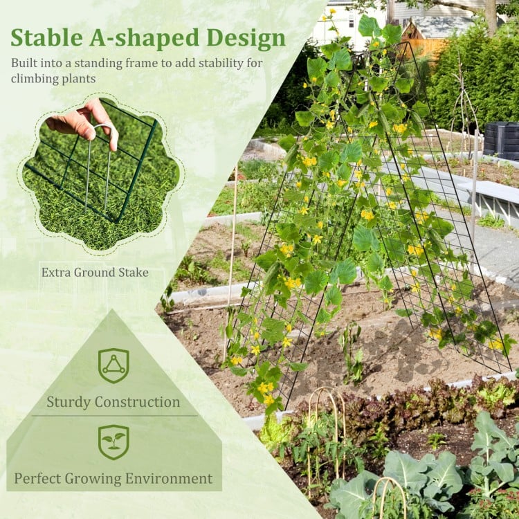 A-Frame garden trellis in green for climbing plants, featuring ground stake and adjustable height for stable support.