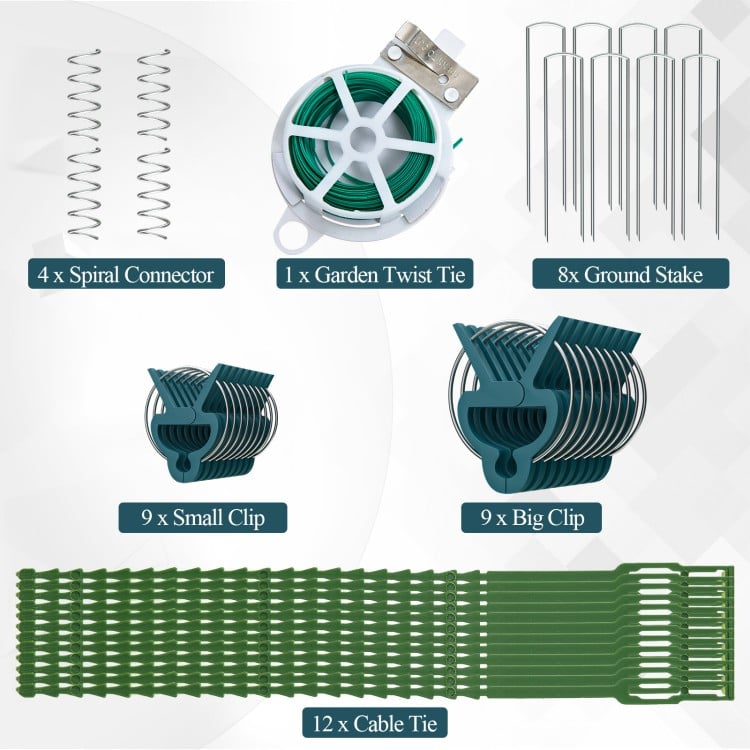 A-Frame garden trellis components including clips, stakes, and cable ties for supporting climbing plants in green.