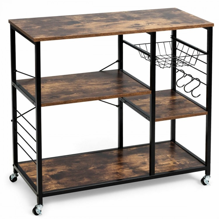 Rolling industrial kitchen baker’s storage shelf with 3-tier shelves, mesh basket, and S-shaped hooks for versatile.