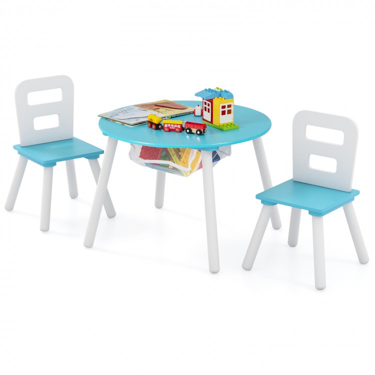 Kids' blue activity table and two chairs set with central mesh storage, ideal for study and play, safe and sturdy.