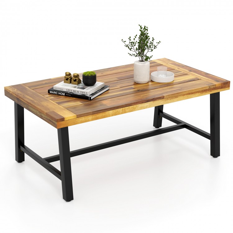 Acacia wood coffee table with thickened top and heavy-duty metal legs, perfect for drinks and decor in any living space.