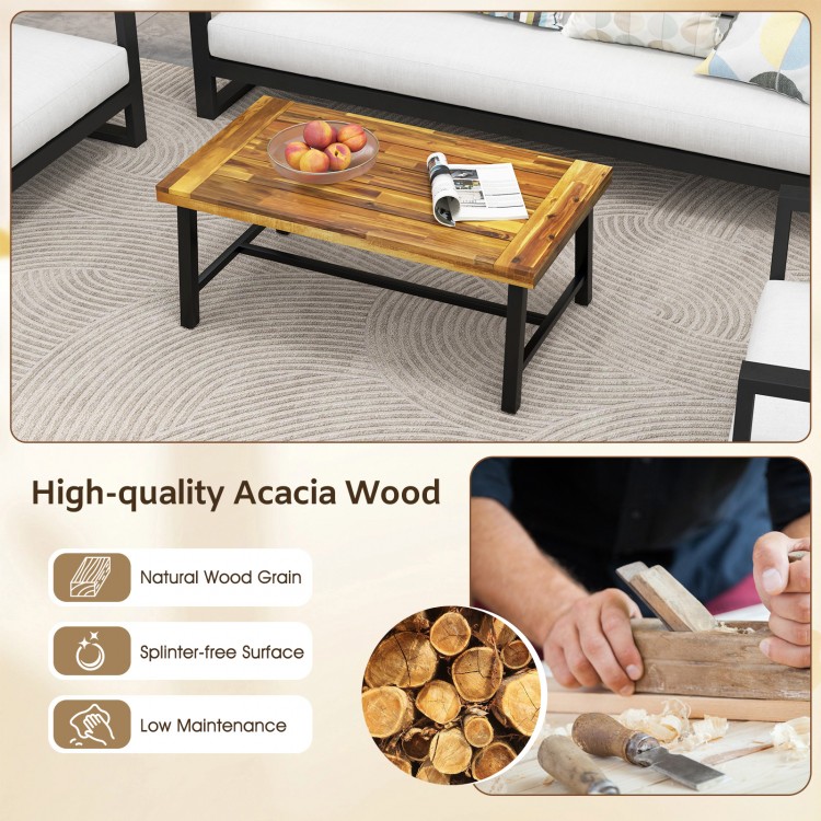 Acacia wood coffee table with thickened top and heavy-duty metal legs, featuring a natural wood grain for low.