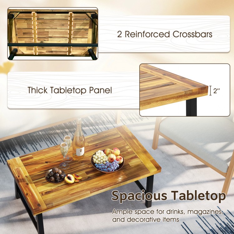 Acacia wood coffee table with thickened top and heavy-duty metal legs, spacious for drinks and magazines.