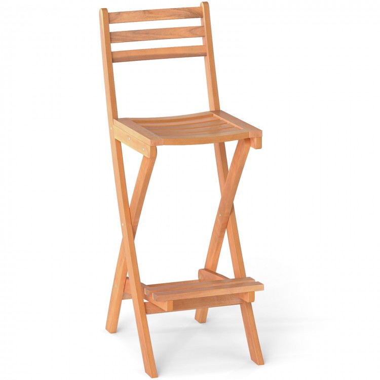 Acacia wood bar height chair with sturdy X-shaped legs, designed for ergonomic comfort and easy outdoor portability.