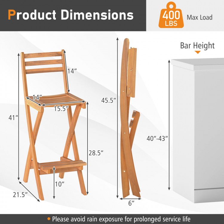 Acacia wood bar height chair with backrest, featuring a folding design and ergonomic slatted seat for outdoor use.