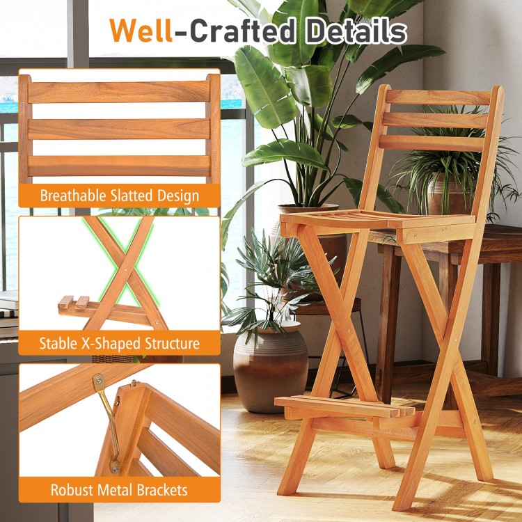 Acacia wood bar height chair with backrest and footrest, featuring a breathable slatted design for outdoor comfort.