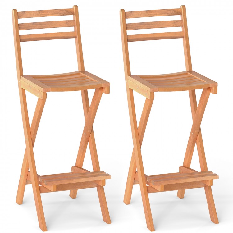 Acacia wood bar height chair with footrest, showcasing a curved seat and slatted design for outdoor comfort and style.