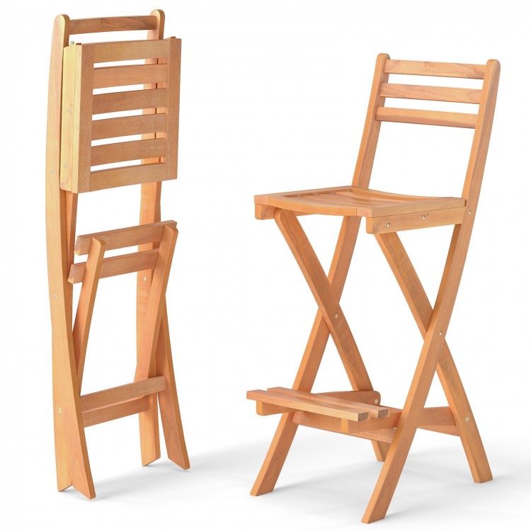 Acacia wood bar height chair set with backrest and footrest, featuring a folding design for easy storage and.