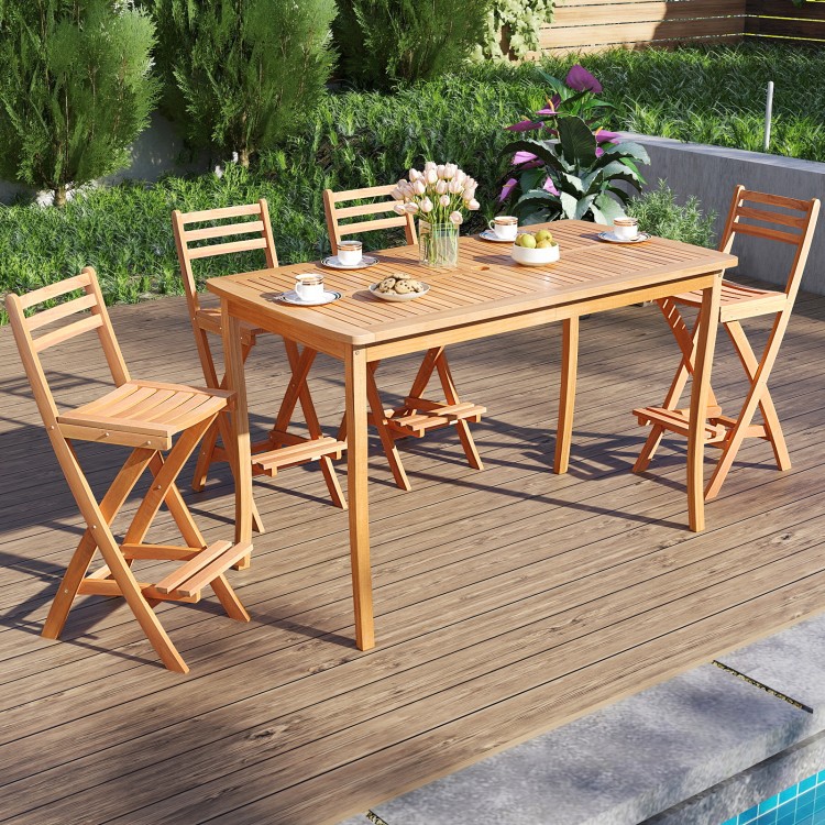 Acacia wood bar height chair with ergonomic backrest and footrest, featuring a stylish folding design for outdoor.
