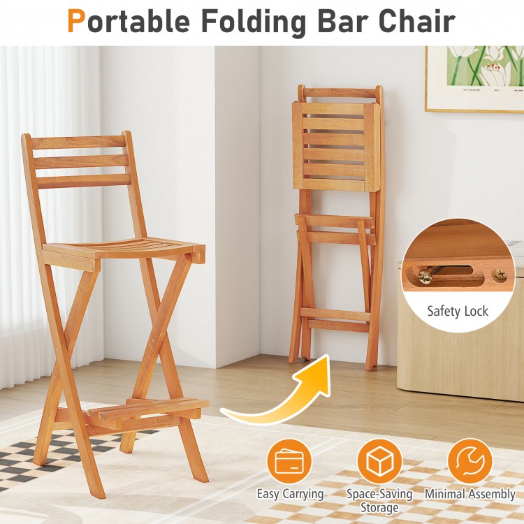 Portable acacia wood bar height chair with backrest, featuring a folding design for easy storage and outdoor use.