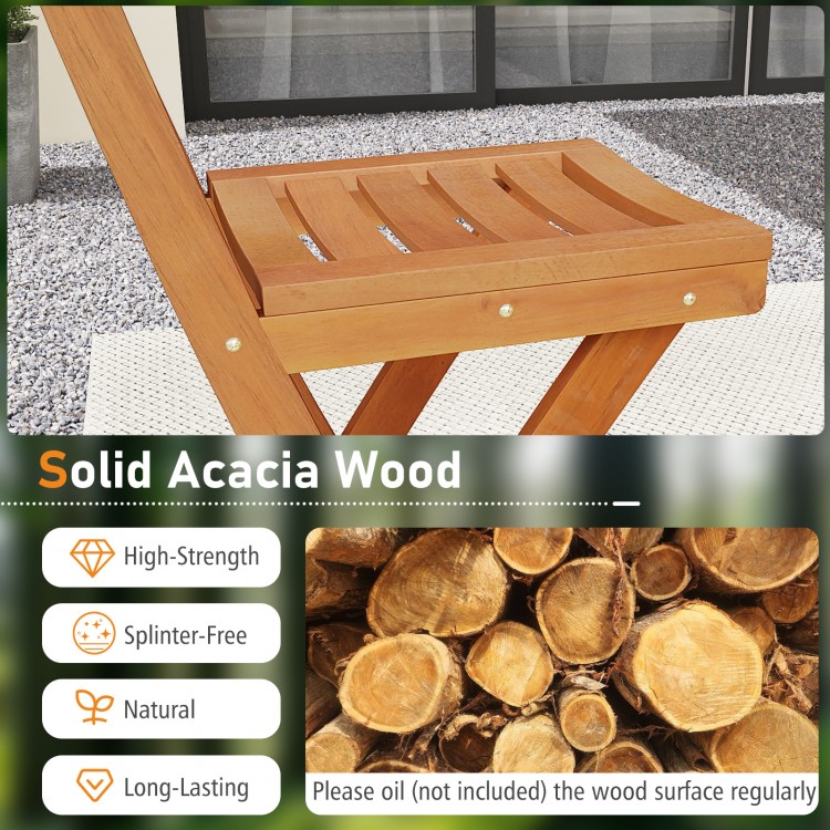 Acacia wood bar height chair with backrest and footrest, featuring a slatted design for airflow, ideal for outdoor use.